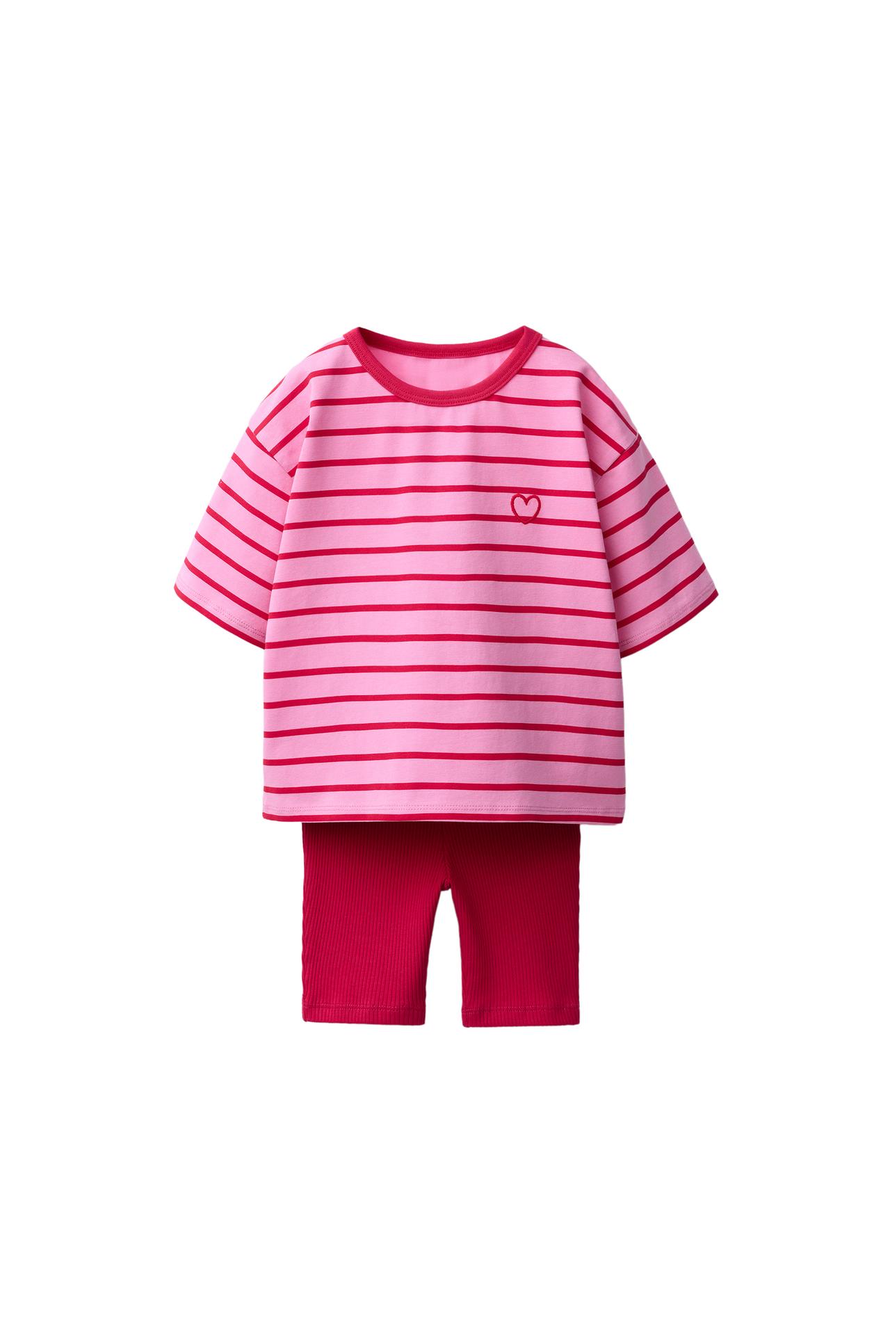STRIPED T-SHIRT AND BIKE SHORTS SET — Light fuchsia