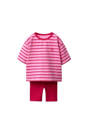 Zara STRIPED T-SHIRT AND BIKE SHORTS SET - Light fuchsia