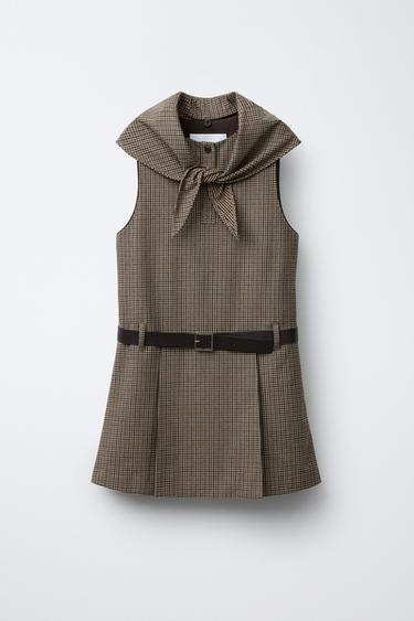 ROBE-SALOPETTE À CARREAUX ET FOULARD AMOVIBLE - Marron clair de Zara