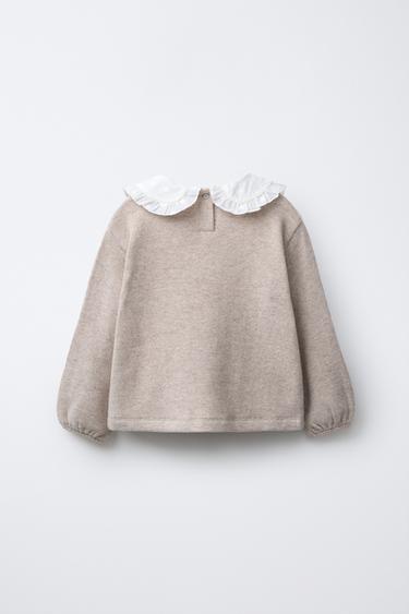EMBROIDERED SOFT TOUCH PETER PAN COLLAR T-SHIRT - Sand / Marl by Zara - Image 1