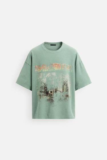 WASHED PRINT KNIT T-SHIRT - Light green by Zara