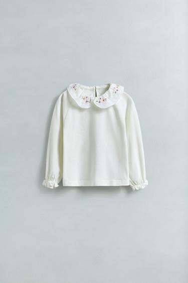 T-SHIRT COL CLAUDINE EN MATIÈRES VARIÉES FLEURS - Écru clair de Zara - Image 4