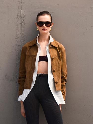 Zara Suede leather jacket with lined buttons - Brown / White