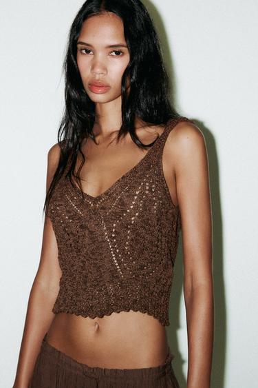 POINTELLE KNIT TOP - Brown by Zara