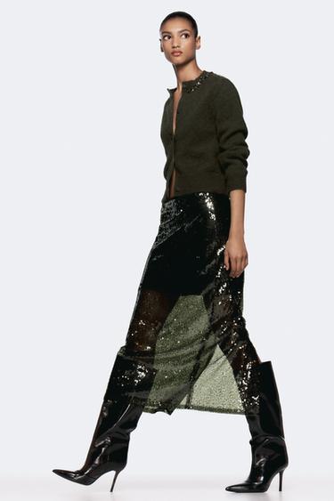 BEADED RHINESTONE KNIT CARDIGAN - Green by Zara - Image 0