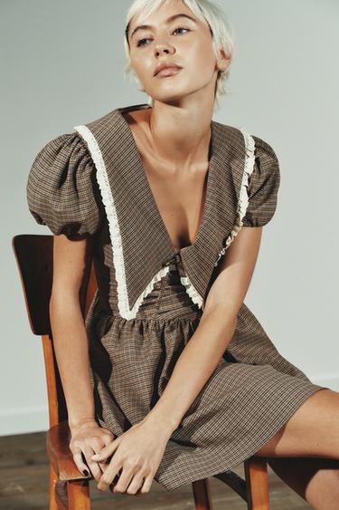 ROBE À CARREAUX COL CLAUDINE - Kaki de Zara - Image 5