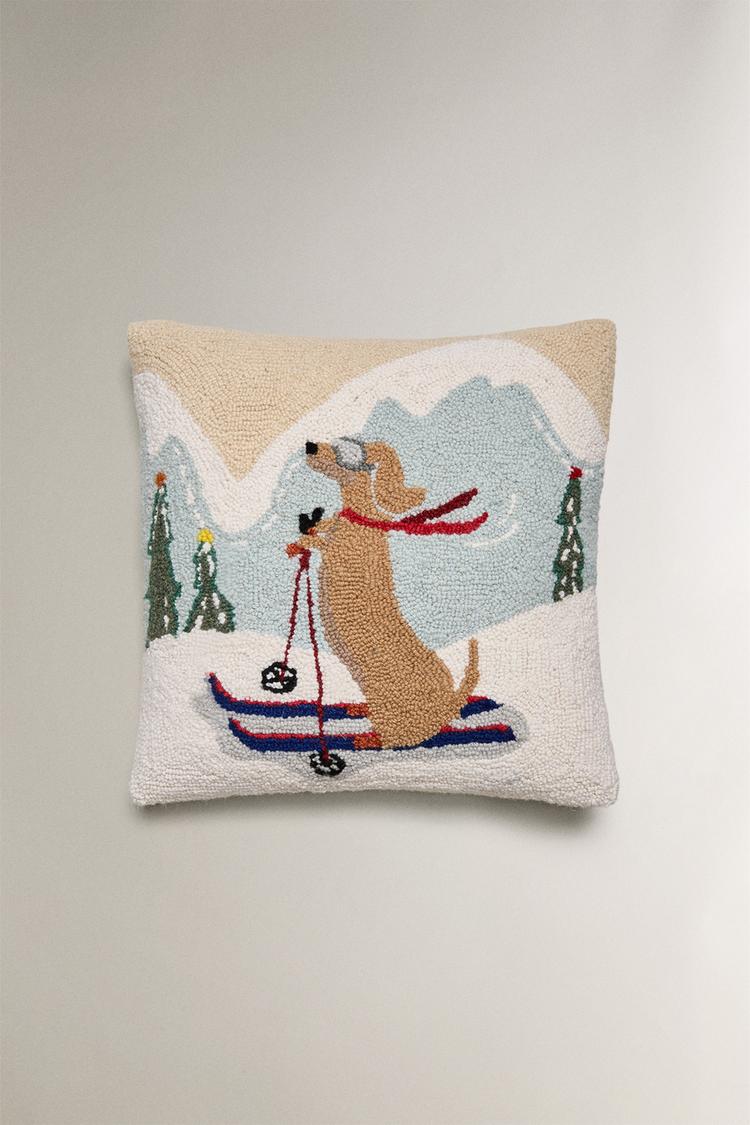 WOOL BLEND CHRISTMAS CUSHION COVER WITH SKIING DOG Ecru ZARA