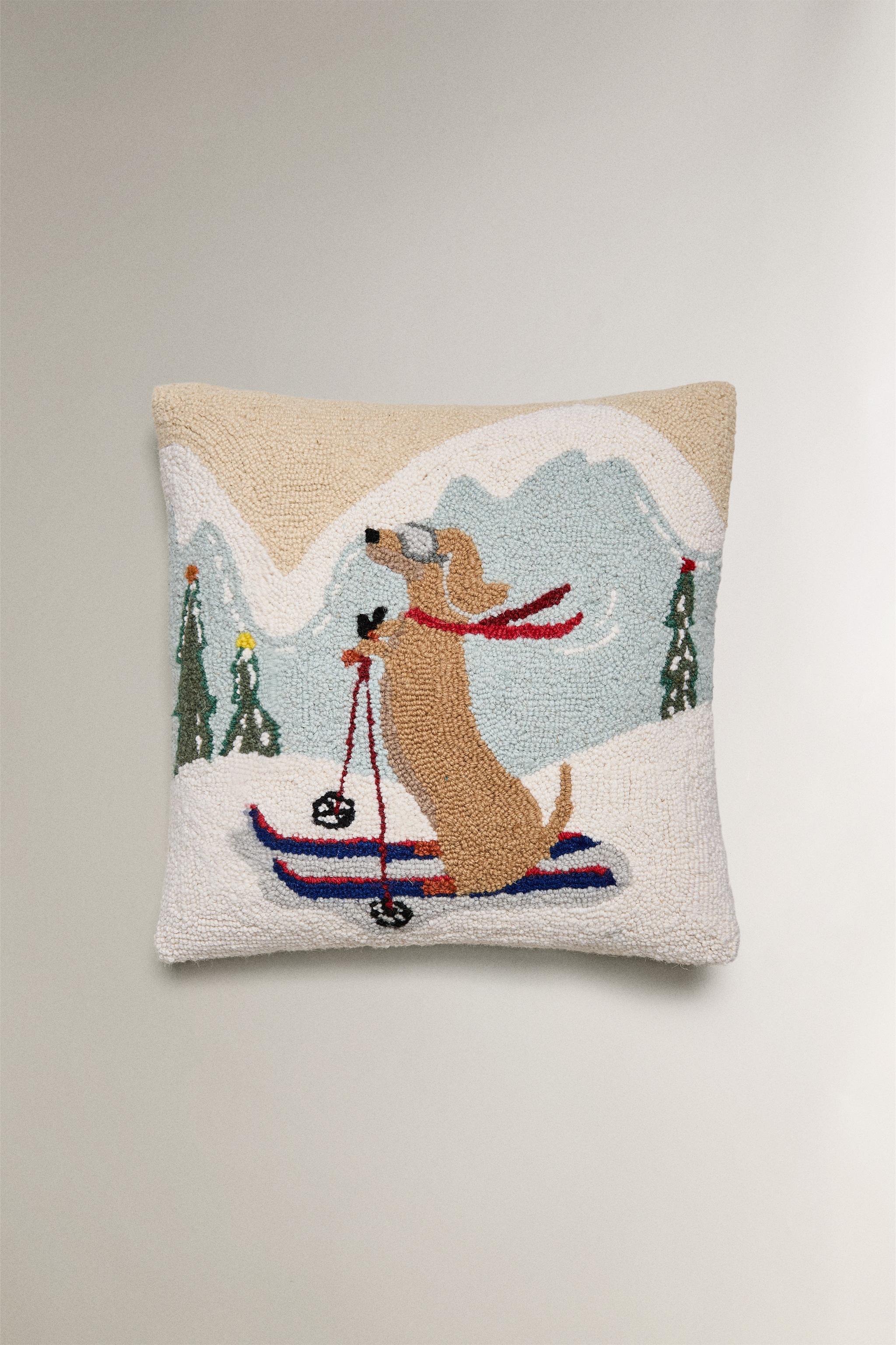 CHRISTMAS SKI DOG WOOL THROW PILLOW COVER
