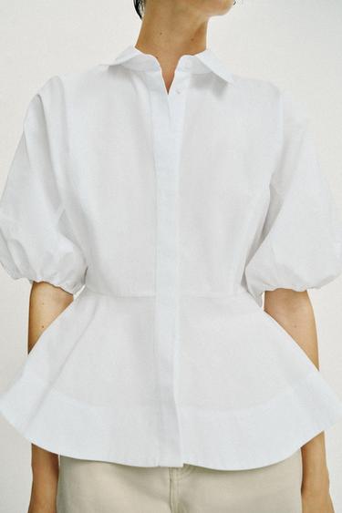 PEPLUM PUFF SLEEVE SHIRT - White by Zara - Image 2