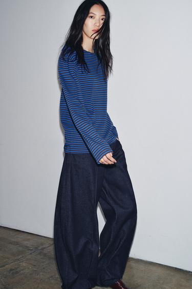 STRIPED LONG SLEEVE T-SHIRT - Brown-Blue by Zara