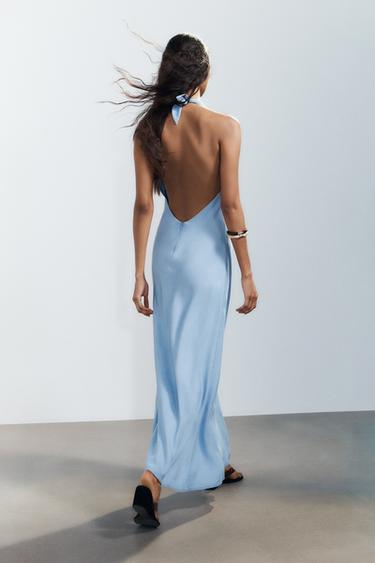 Zara Robe Bleu Satin ROBE FLUIDE HALTER Bleu Clair ZARA France
