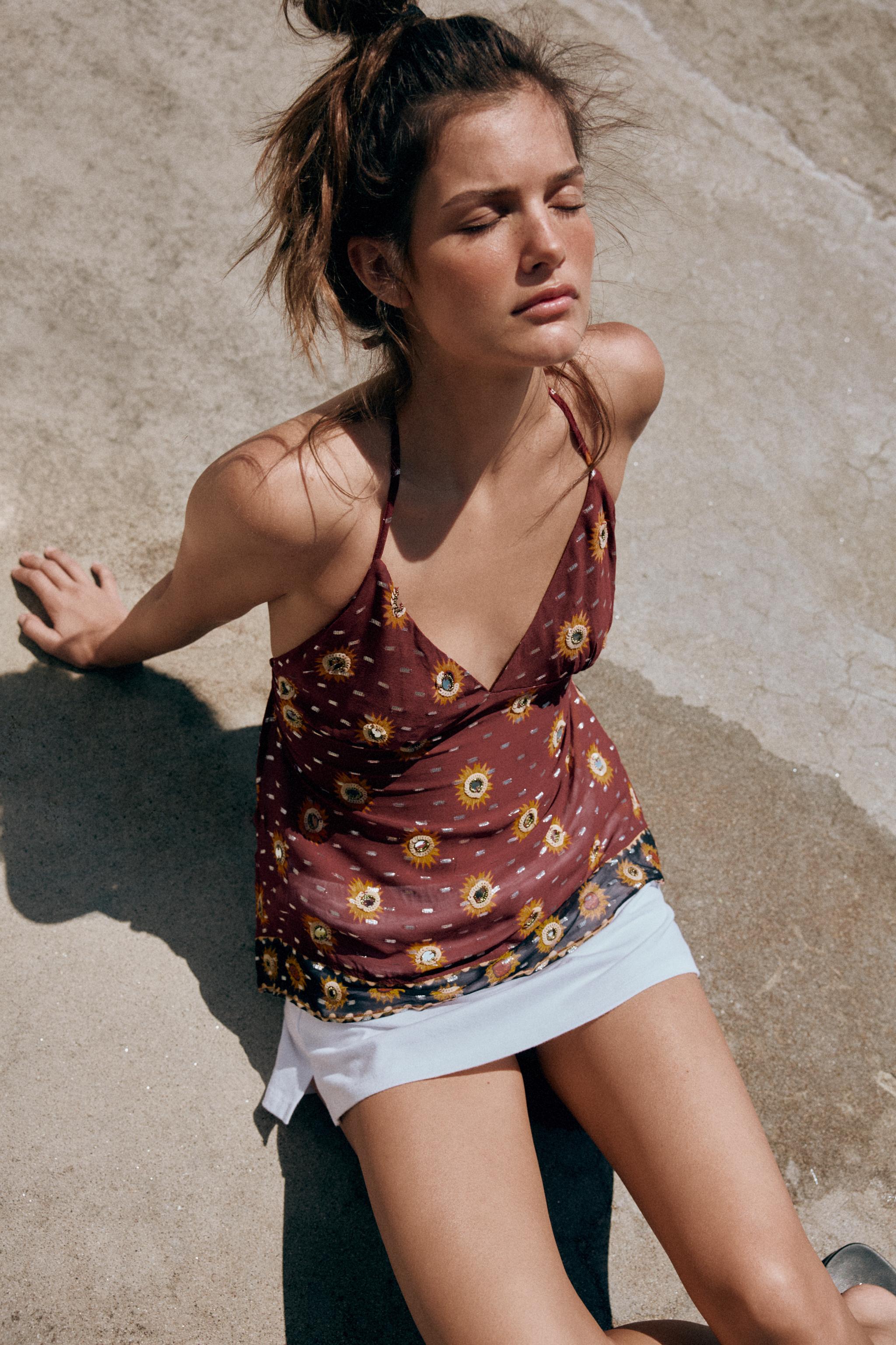 BEADED PRINT GEORGETTE HALTER TOP