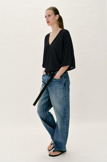 Zara FLOWY V-NECK JUMPER - Black