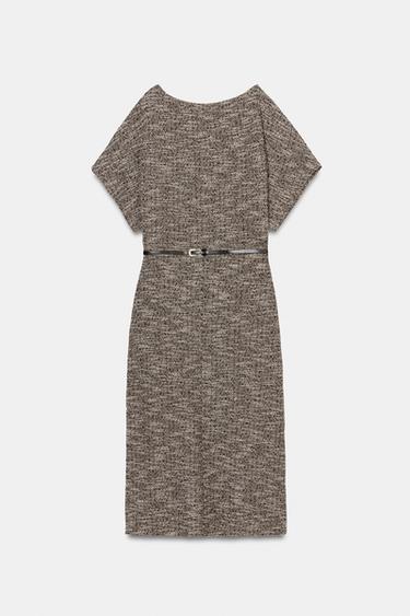 فستان ميدي بحزام ملمس - بني / خام by Zara