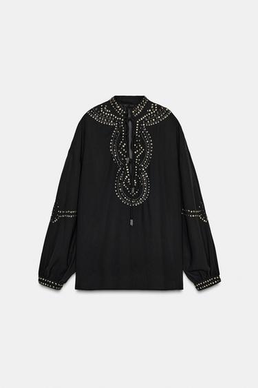 Zara SEMI-SHEER BEADED BLOUSE - Black
