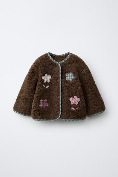 Zara FAUX SHEARLING JACKET WITH FLORAL PATCHES - Brown