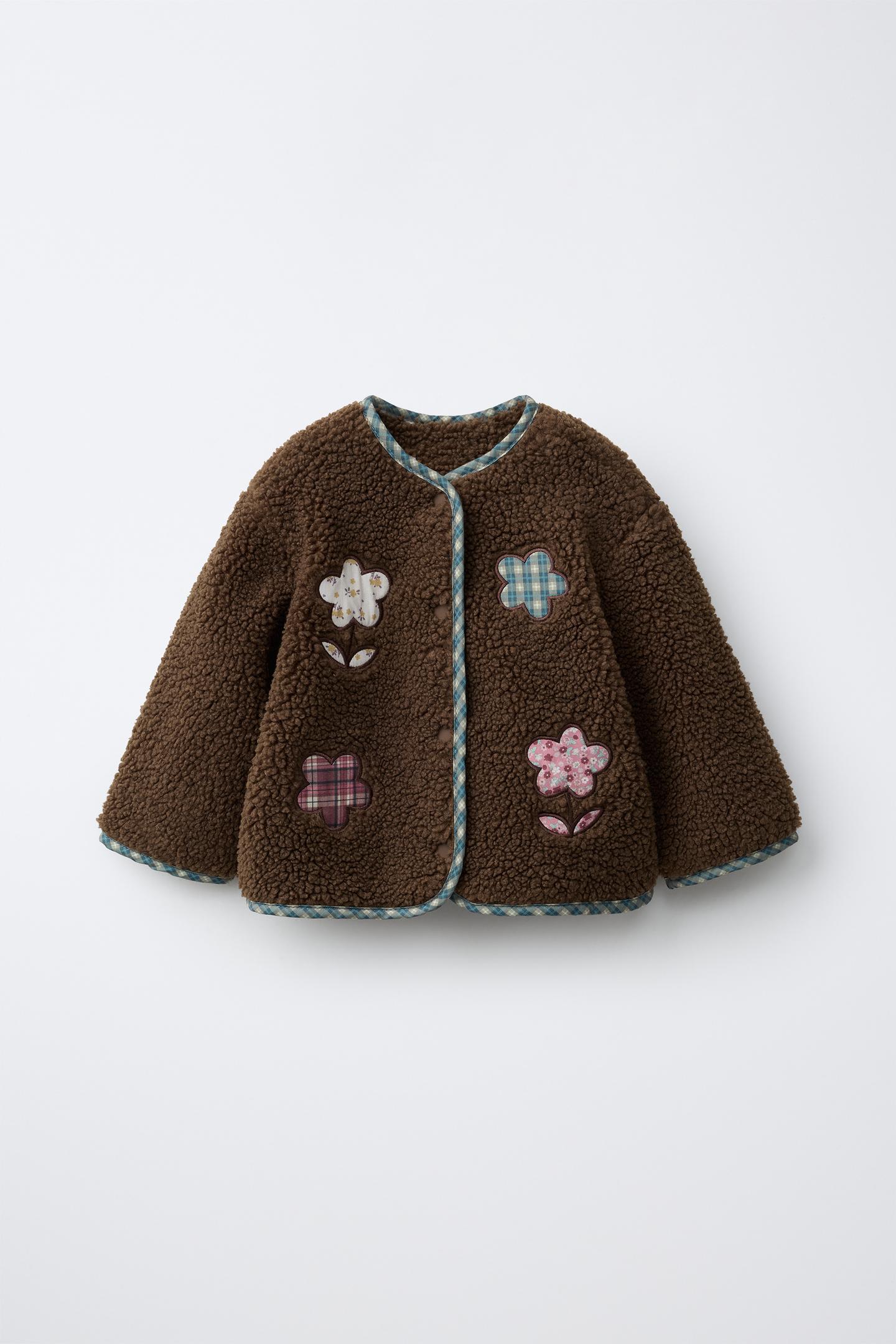 Детская куртка Zara Faux Shearling Jacket with Floral Patches, цвет: Коричневый — фото 1