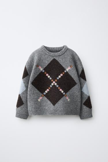 STRICKPULLOVER MIT RAUTENMUSTER UND BLUMENSTICKEREI - Grau by Zara