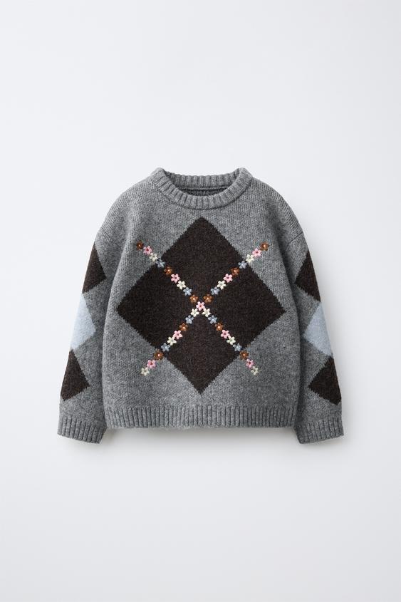 ARGYLE KNIT JUMPER WITH EMBROIDERED FLOWERS - Grey by Zara - Image 0