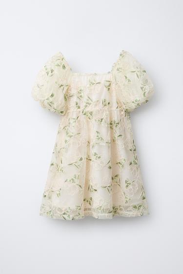 فستان تول مطرز بالزهور - أخضر /خام by Zara - Image 0