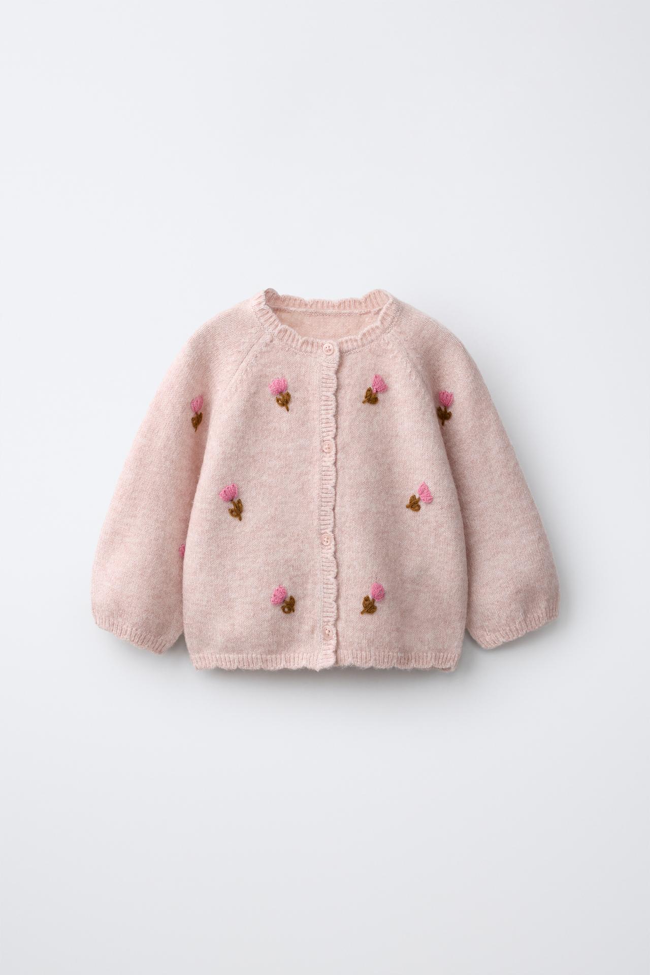 CARDIGAN WITH EMBROIDERED FLOWERS — Pale pink
