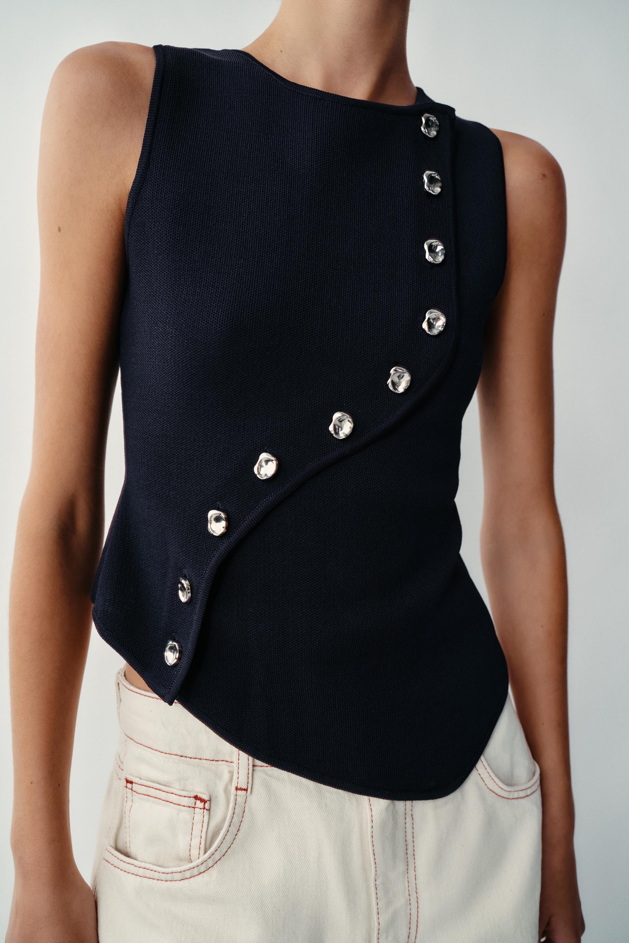 ASYMMETRIC CLOSURE KNIT TOP — Navy blue