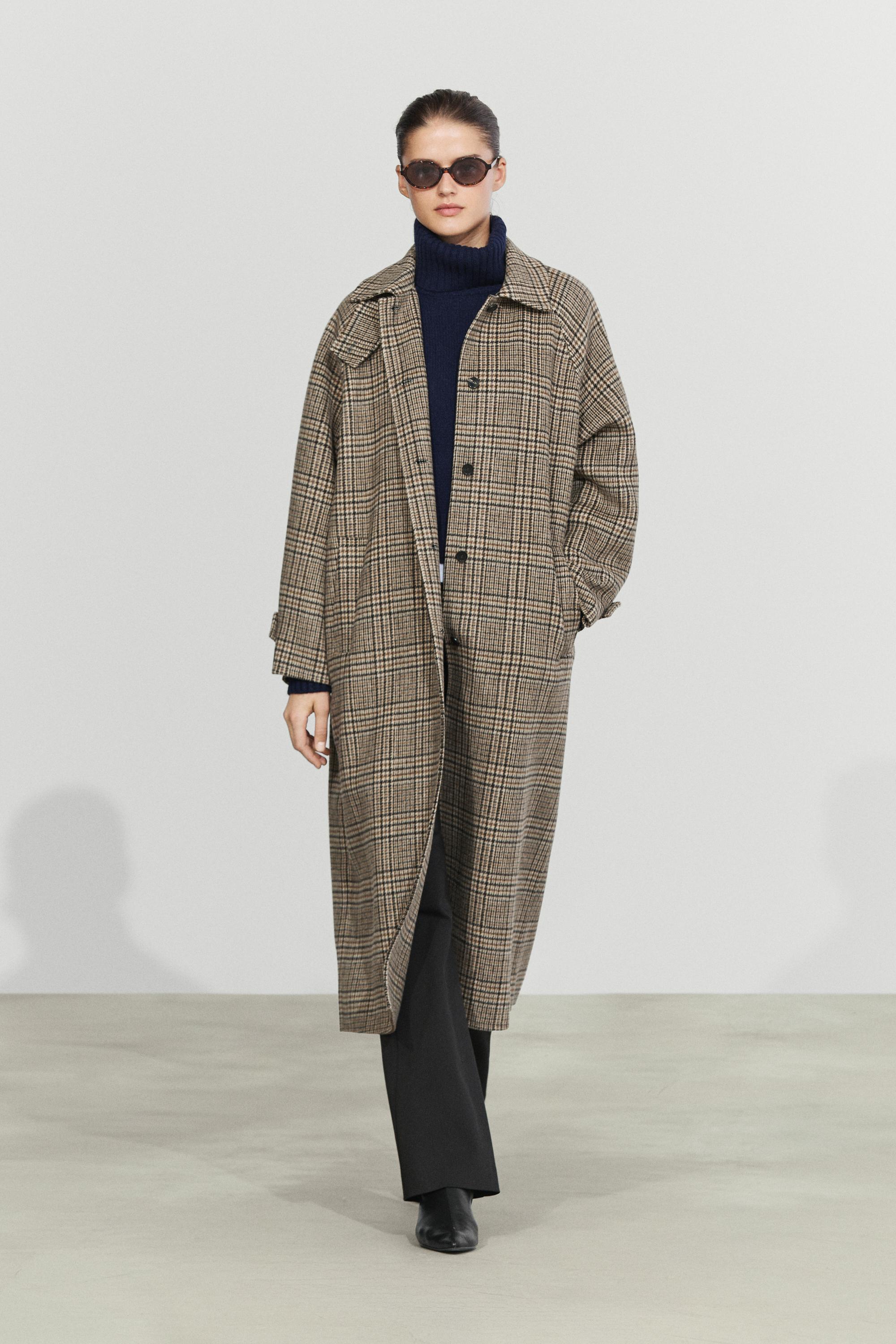 Wool blend check trench coat