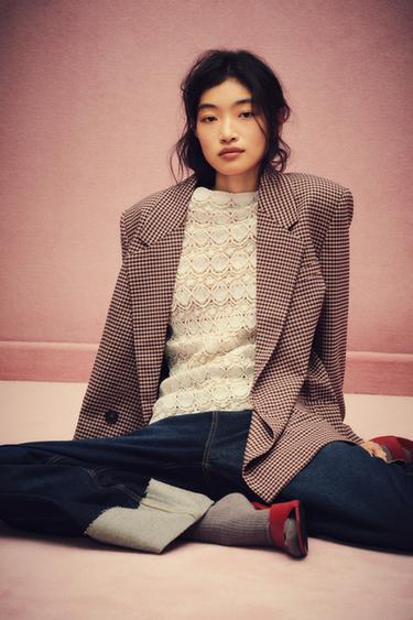 Zara 大方格紋寬鬆版西裝外套 - 粉红色