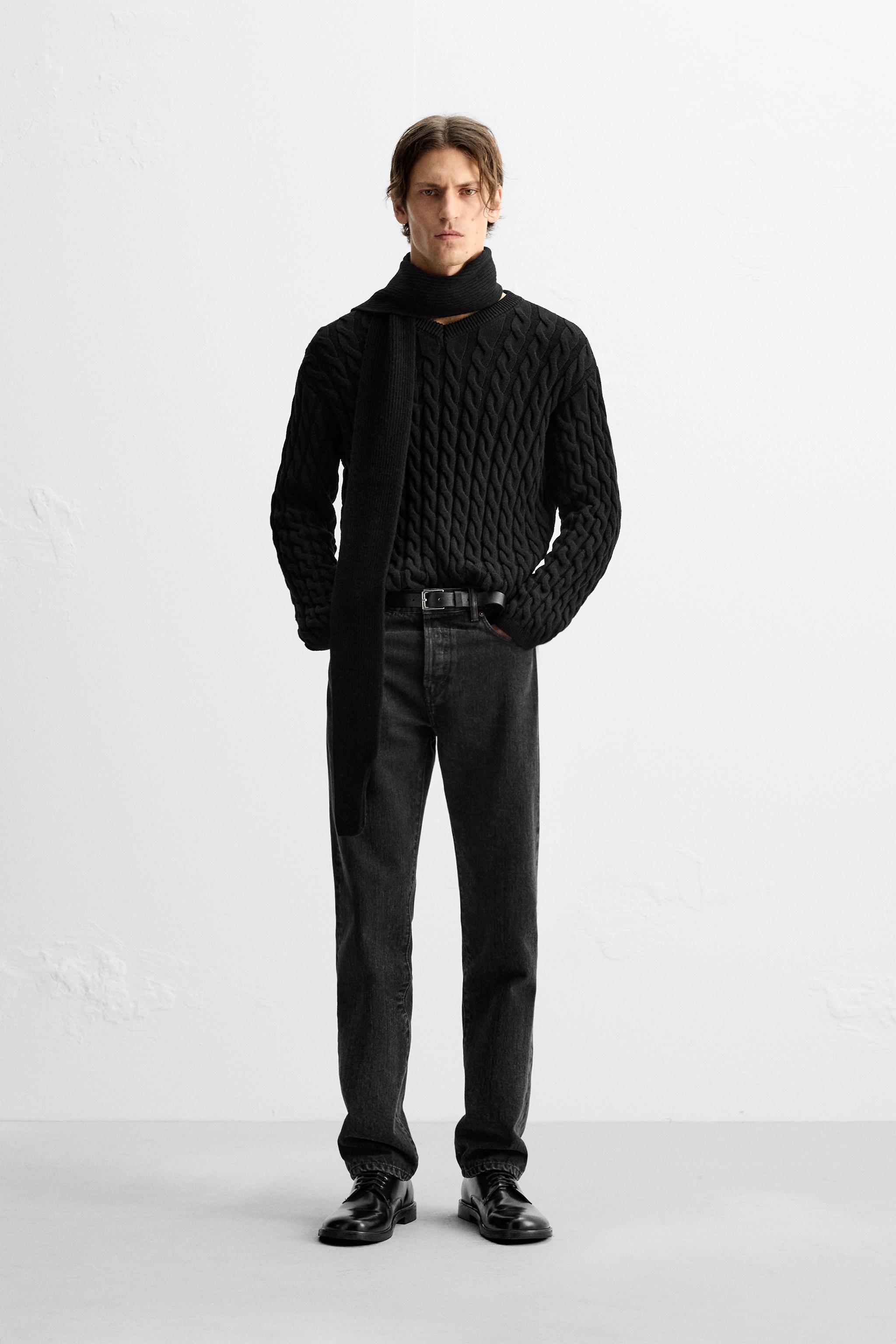 TEXTURED CABLE KNIT SWEATER Black ZARA Australia