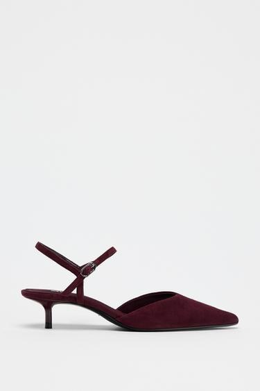 SUEDE KITTEN HEEL SLINGBACKS - Burgundy Red by Zara
