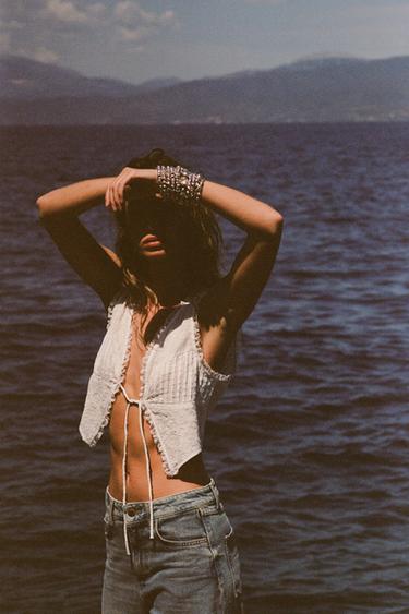 LACE TRIM CROP TOP WITH BOW - Oyster-white by Zara - Image 0