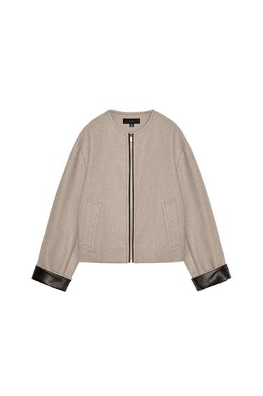 BOMBER JACKET WITH LEATHER EFFECT TRIMS - Sand by Zara