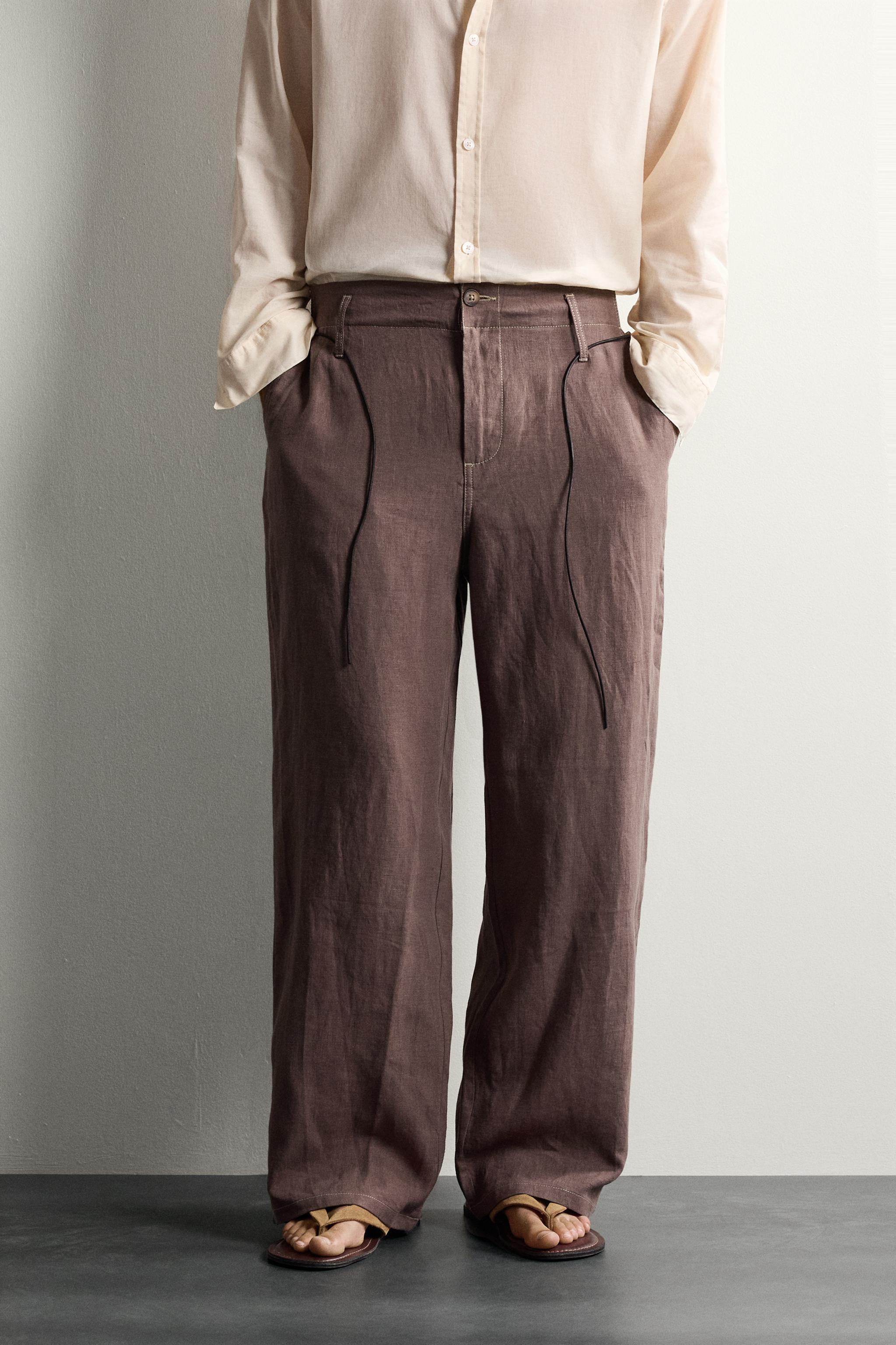 100% LINEN RELAXED FIT PANTS — Brown