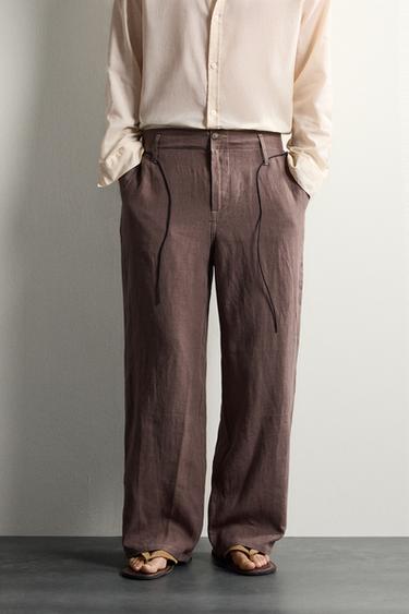100% LINEN RELAXED FIT TROUSERS - Brown by Zara