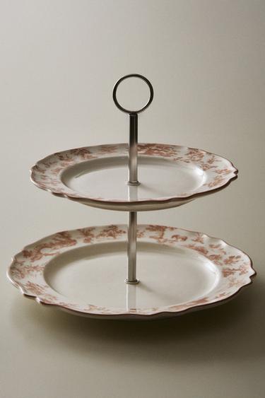 TWO-TIER PORCELAIN TRAY WITH DESIGN - Pink / White by Zara