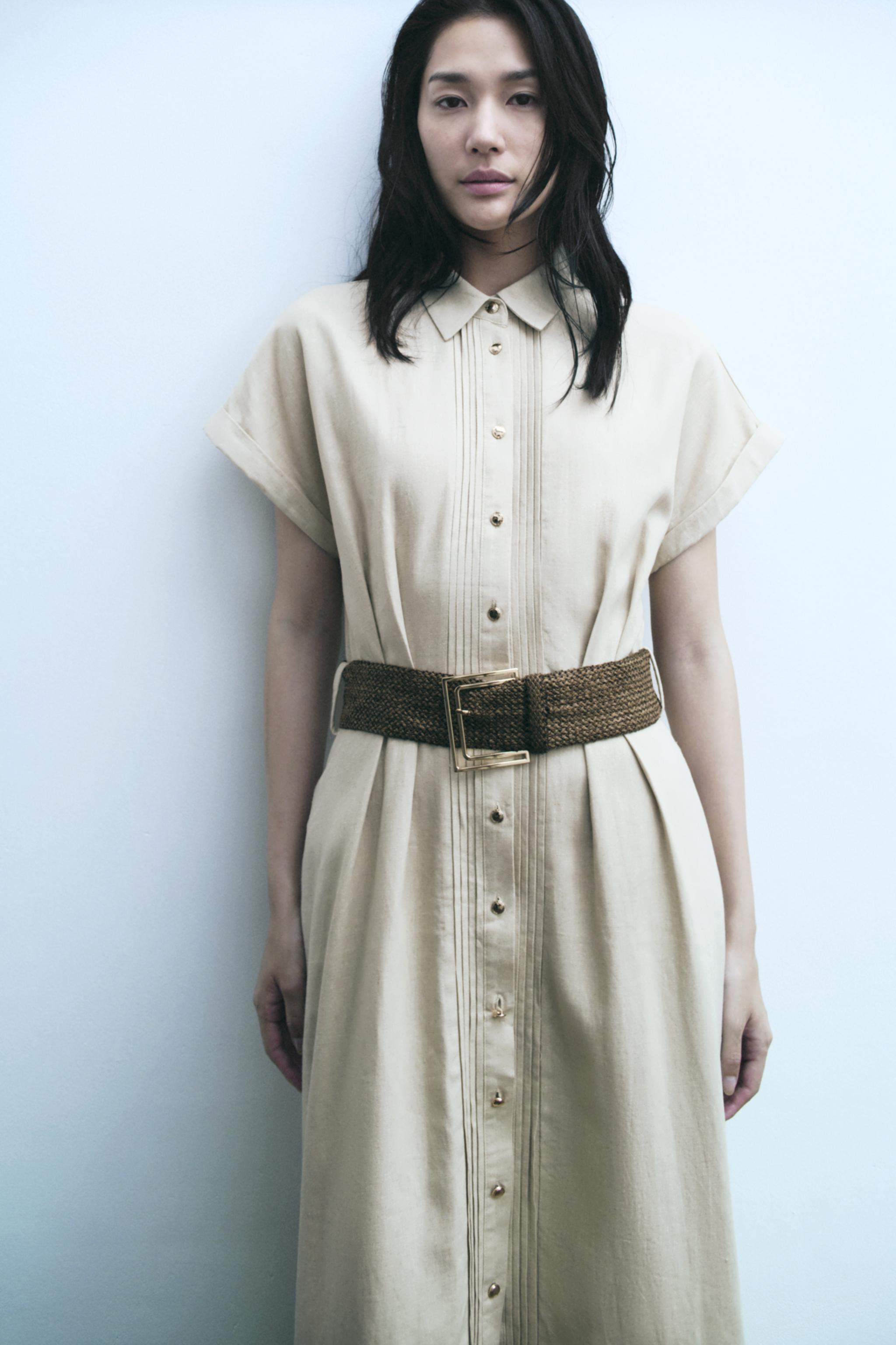 リネン ベルト付きミディ丈ワンピース - ライトベージュ | ZARA