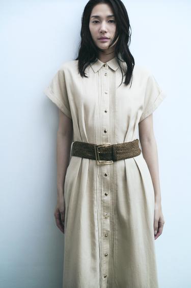 LINEN BLEND MIDI DRESS WITH BELT - Light beige by Zara