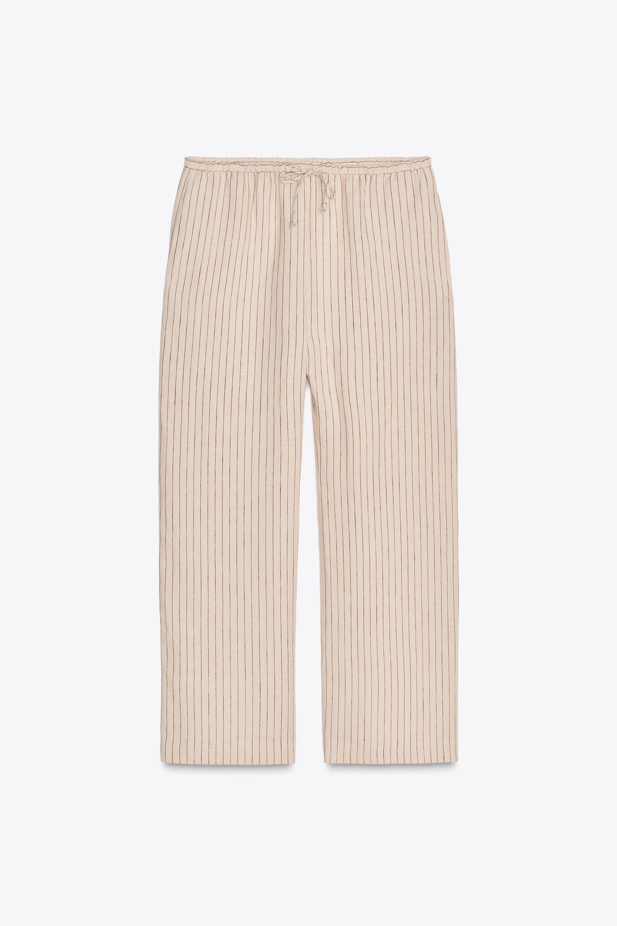 スペイン発送 ZARA ZWコレクション リネン100% ストライプパンツ リネンストライプバルーンパンツ ZW COLLECTION - マリンブルー