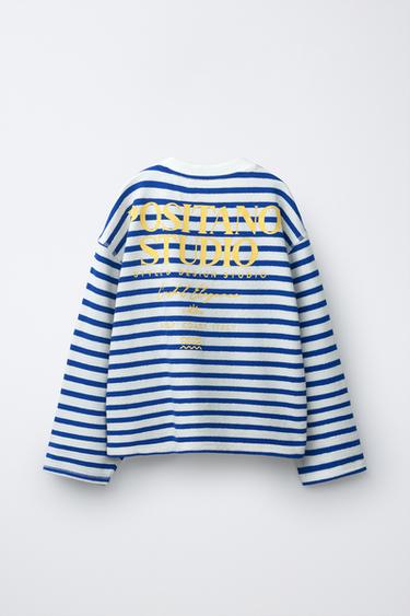 Zara STRIPED AND TEXT T-SHIRT - Blue
