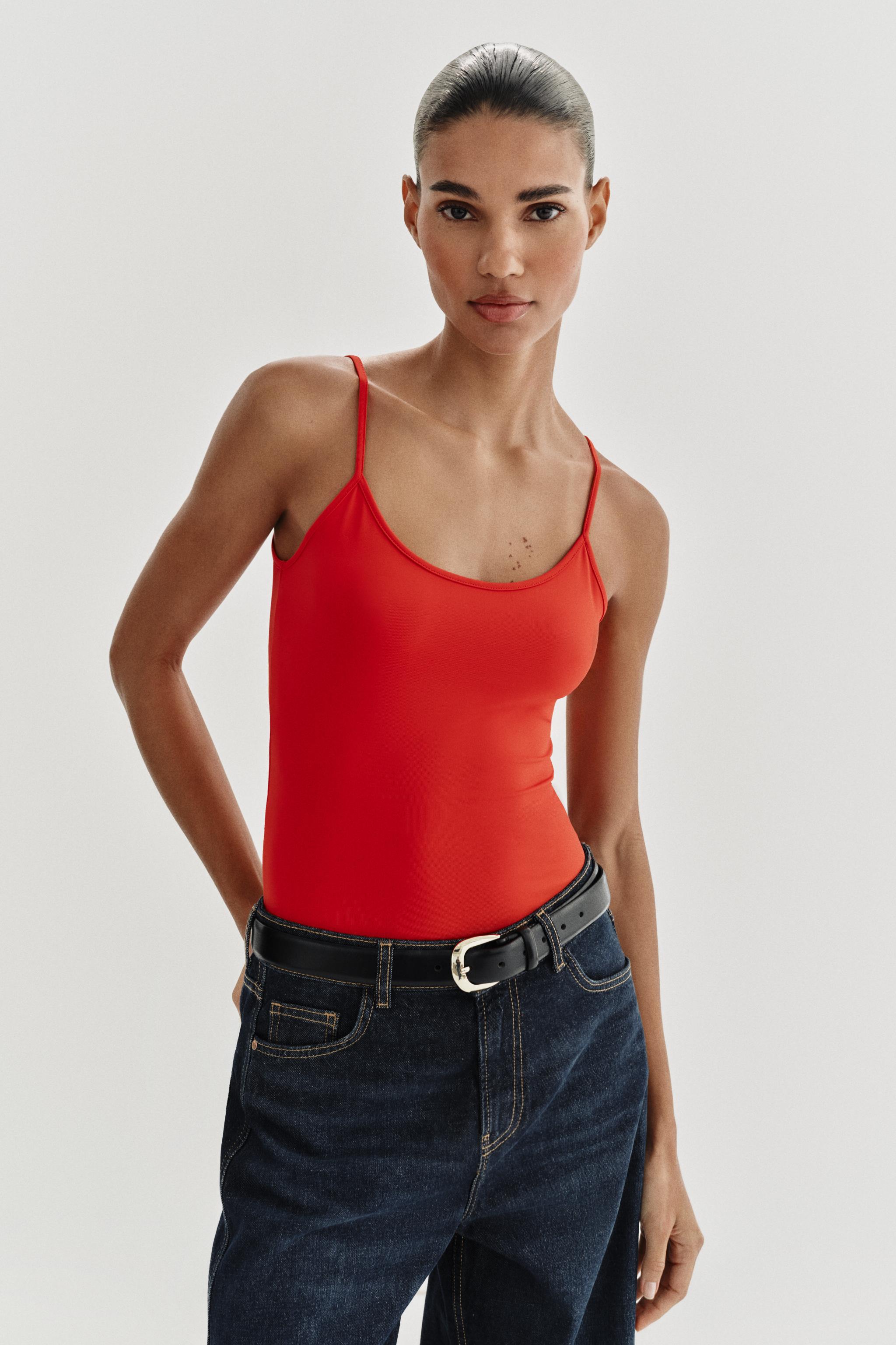 STRAPPY POLYAMIDE TANK TOP — Coral red