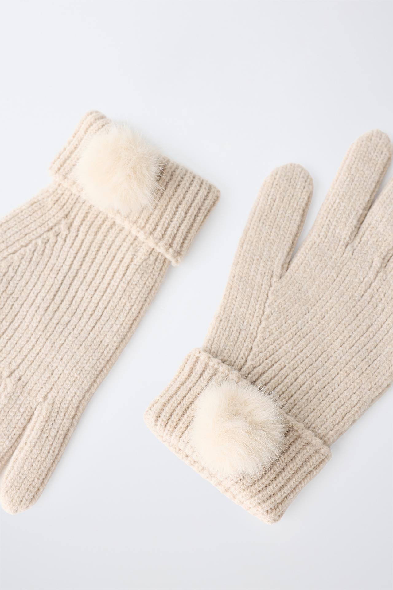 POM-POM KNIT GLOVES — Sand
