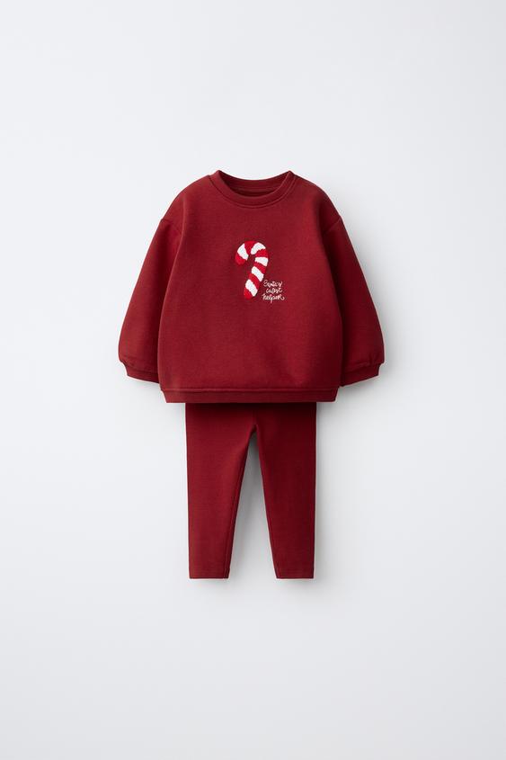 ENSEMBLE SWEAT ET LEGGING BRODÉ MOTIF SUCRE D'ORGE - Rouge foncé de Zara - Image 0