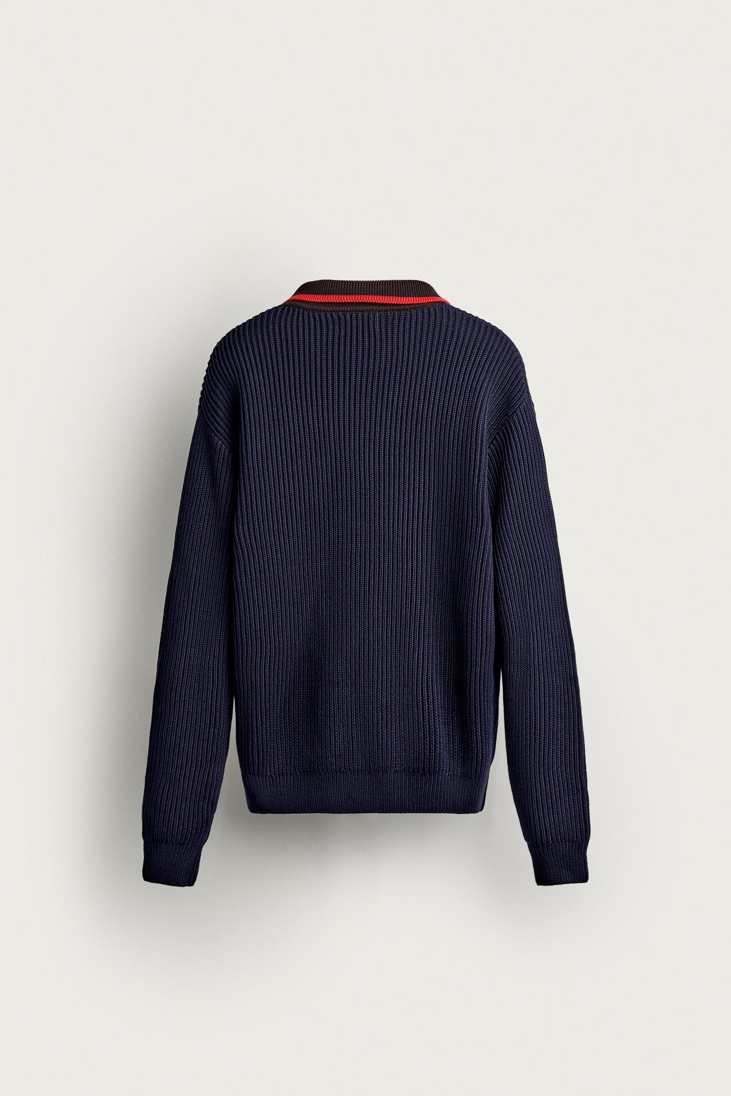 Мужское поло Zara Contrast Collar Knit Polo, цвет: Тёмно-синий — фото 8