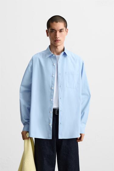 CHEMISE EN POPELINE AVEC POCHE - Bleu ciel de Zara - Image 1