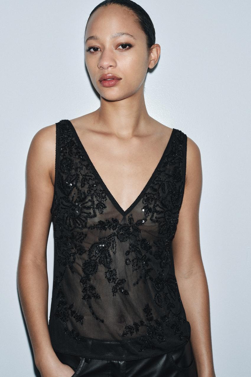 EMBROIDERED TULLE STRAP TOP