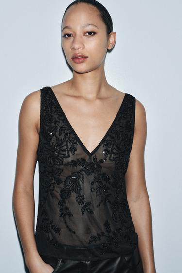 EMBROIDERED TULLE STRAP TOP - Black by Zara