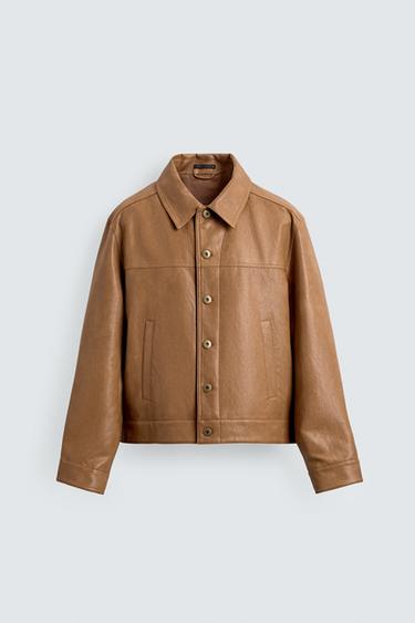 Zara 標準版皮革效果襯衫式外套 - 焦糖色