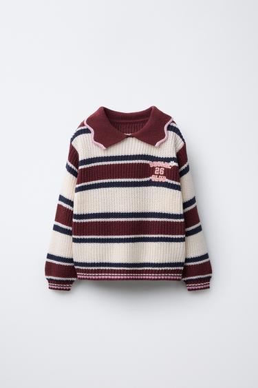 STRIPED EMBROIDERED KNIT POLO SWEATER - Burgundy by Zara
