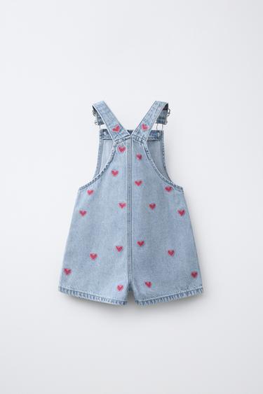 EMBROIDERED HEART DENIM SHORT DUNGAREES - Blue by Zara - Image 1