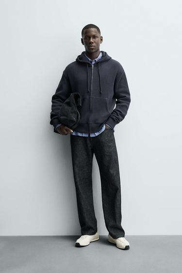 Zara 格紋紋理拉鍊運動衫 - 藍色